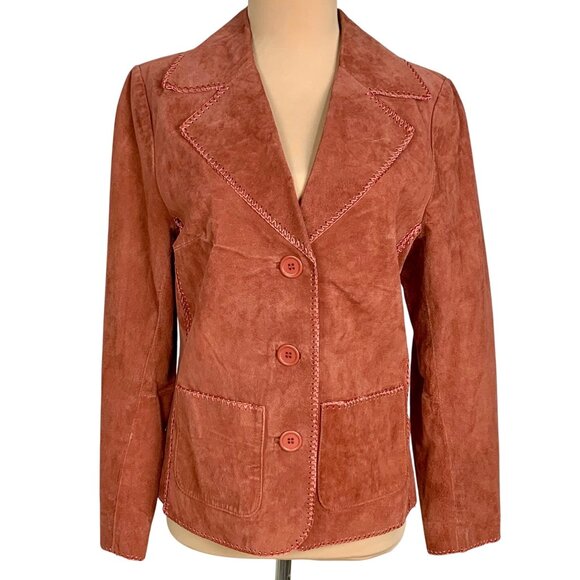 VTG Lew Magram Rust Suede Blazer Jacket 6 Hippie Boho Crochet Trim Academia - Picture 1 of 9
